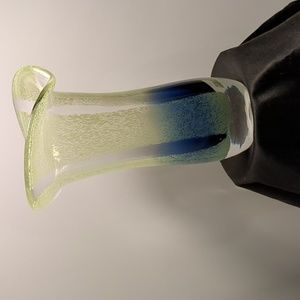 Hand blown art glass vase. Cobalt clear yellow floral shape. Heavy. 7 3/4"